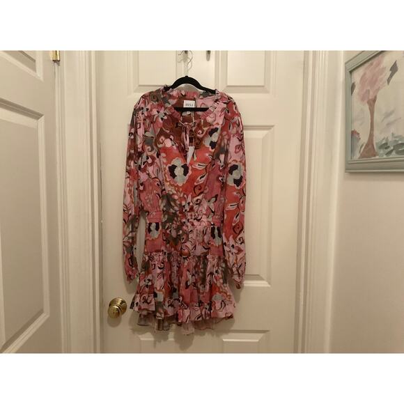 MISA LORENA BATIK PRINT COTTON BLEND MINI DRESS RUCHED WAIST RUFFLE TRIM SZ SM - Picture 7 of 10